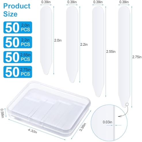 120PCS Plastic Collar Stays for Men's Dress Shirts Thicker and More Bend-Resistant Invisible Collar Inserts, Sizes 2, 2.2, 2.55, 2.75 Inches with Storage Case