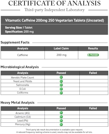 Vitamatic Caffeine Pills 200mg per Serving, 250 Vegetarian Tablets