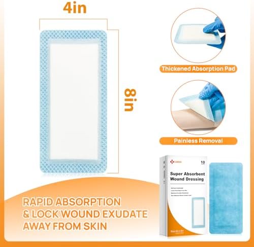 Carbou Super Absorbent Wound Dressing Pads 4"x 8", 10 Individual Pack, Non Adhesive Absorbent Bandages for Wound Care, Soft Highly Absorbent Dressing, Non Stick Gauze Pads for Wounds
