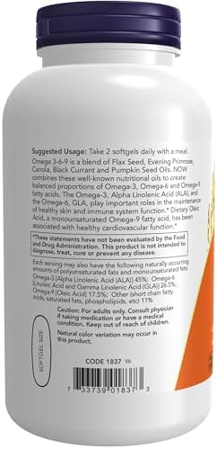 NOW Foods Supplements, Omega 3-6-9 1000 mg with a blend of Flax Seed, Evening Primrose, Canola, Black Currant and Pumpkin Seed Oils, 250 Softgels