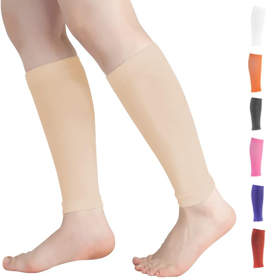 Calf Compression Sleeves for Men & Women (20-30mmhg) - Leg Compression Sleeve for Running, Cycling, Shin Splints Support, Relieve Legs Pain, Travel (One Pair)(Beige,Medium)