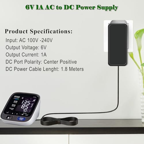 Gonine 6V 1A DC Power Supply for 6 Volt Omron Blood Pressure Monitor 5 7 10 Series Charger and for 6V 100mA 300mA 400mA 500mA 600mA 700mA 800mA 900mA 1000mA AC Adapter.