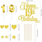 Gold Happy 19th Birthday Cake Decorations, Glitter 19th Birthday Cake Toppers Set and Numeral 19 Candles for Birthday Party Supplies, Heart Star Cupcake Decorations