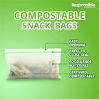 Responsible Products Certified Compostable SNACK Resealable Zip Bag, Extra Strength Food Bags, Plant-Based Freezer-Safe (40 Pack)