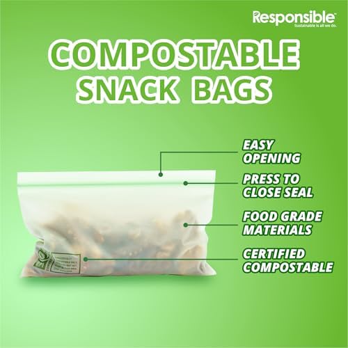 Responsible Products Certified Compostable SNACK Resealable Zip Bag, Extra Strength Food Bags, Plant-Based Freezer-Safe (40 Pack)