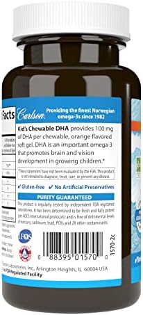 Carlson - Kid's Chewable DHA, 100 mg DHA, Brain & Vision Function, Growth & Development, Orange, 60 Chewable Softgels