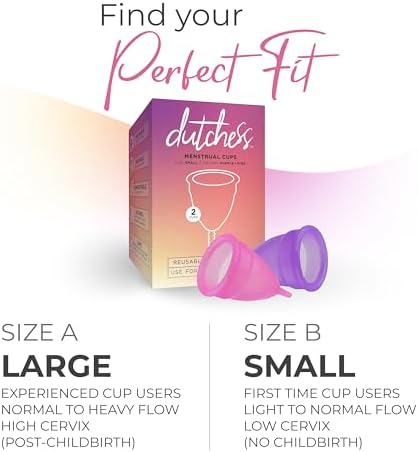 Dutchess Large Menstrual Period Cups for Women + Storage Pouch, Pack of 2 Pink & Purple Soft Medical-Grade Silicone Reusable Feminine Care Tampon & Pad Alternative, Easy to Clean - Camping, Sports