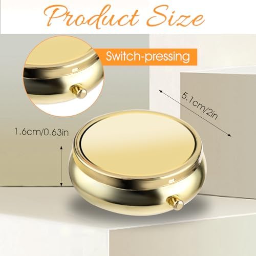 Pill Box Cute Small Pill Box for Purse & Pocket Medicine Organizer Travel Pillbox Waterproof Pill Case Metal Pill Container Holder for Vitamins, Fish Oil, Supplements(Gold)