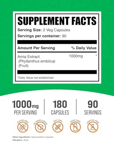 BulkSupplements.com Amla Extract Capsules - Indian Gooseberry Fruit Extract, Herbal Supplement - Gluten Free, 2 Capsules per Serving (1000mg), 180 Count (Pack of 1)