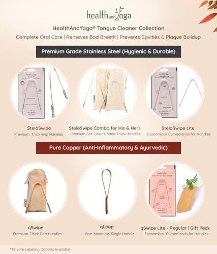 HealthAndYoga™ Tongue Cleaner Scraper with Storage Bag - Hygienic, Surgical Grade, Non-Synthetic Grip – Sterilizable Tongue Brush Cleaner (Surgical Steel - 2 Pack)
