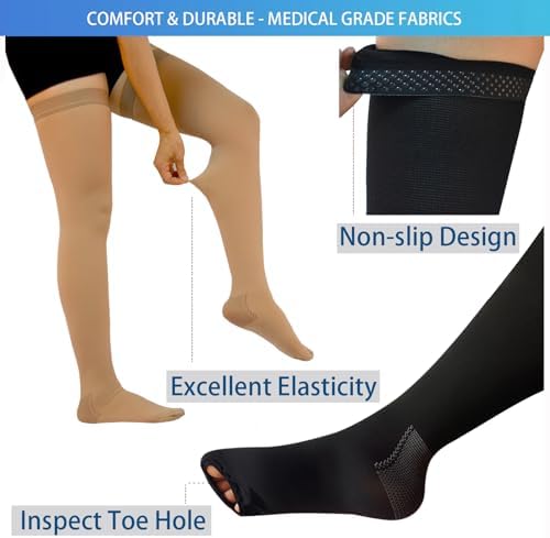 2 Pairs Anti Embolism Ted Hose Thigh High 15-20 mmHg Compression Stocking,Post Surgery Support Compression Socks with Inspect Toe Hole for Women & Men