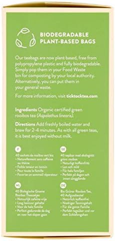 TICK TOCK TEAS Organic Rooibos Tea, Green Tea, Naturally Caffeine Free Red Bush Herbal Tea, Rich in Anti-Oxidants, South African, Superfood - 40 Count (Pack of 4), Packaging May Vary