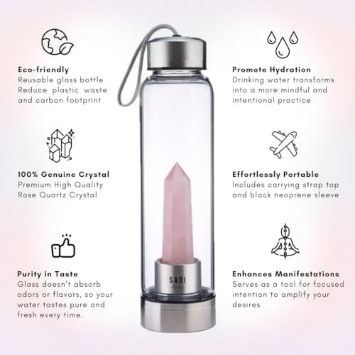 SAOI Crystal Water Bottle - Rose Quartz Gemstone Infused Elixir - Natural Wellness Healing - Glass/Stainless Steel