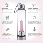 SAOI Crystal Water Bottle - Rose Quartz Gemstone Infused Elixir - Natural Wellness Healing - Glass/Stainless Steel