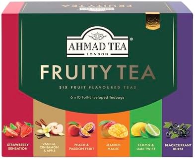 Ahmad Tea Black & Green Tea, Fruitytea Assorted Sampler Variety Gift Box, 60 Foil Teabags - Caffeinated & Sugar-Free