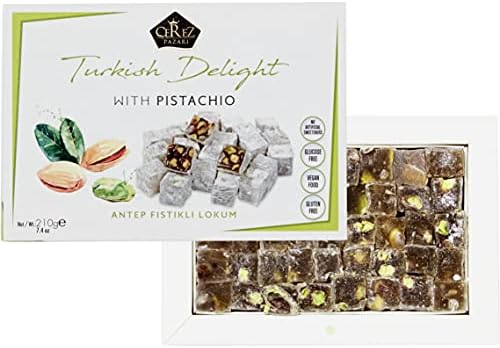 Cerez Pazari Turkish Delight Pistachio Candy, Gourmet Premium Vegan Sweets Small Gift Box, Luxury Traditional Confectionery Loukoumi, Soft Candy Dessert Glucose-Free Lokum, 7.4 oz.