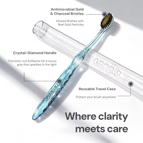 Nano-b Manual Toothbrush for Adults with Sensitive Gums, Gold & Charcoal Soft/Medium Bristles, Travel Case, Pink