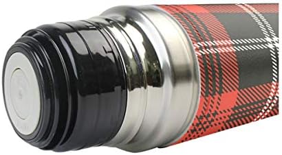Red Black Plaid Vacuum Thermos Christmas Tartan Check Insulated Water Bottle Stainless Steel Double Wall Flask Bottles, Sports Coffee Travel Mug Cup Genuine Leather Cover BPA Free 17 Oz
