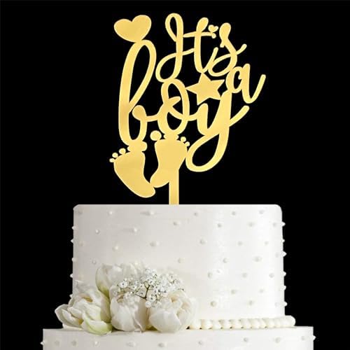 JIEEIN It's a Boy Cake Topper for Baby Shower, Baby Boy 1st Birthday Party Sign, Cute Baby Boy Cake Decor, Gender Reveal Party Decoration Supplies, Mirror Gold