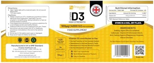 Vitamin D3 4000IU High Strength I 425 Vegetarian Tablets (14 Months Supply) I Easy Swallow Vitamin D3 Supplement for Immune Support, Calcium Boost, Bone & Muscle I Made in the UK by Prowise Healthcare