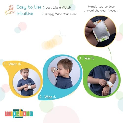 Nose Wipes | Kids Wearable Bracelet with Built-in Nose Tissues | Soft 6-Layer Laminated Tissues | Convenient & Hygienic for Clean Hands & Clothes