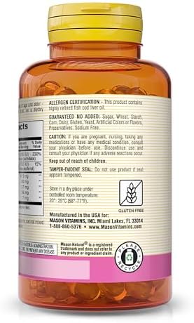 MASON NATURAL Cod Liver Oil Plus Vitamin A & D3 - Healthy Heart and Brain Function, Improved Immunity, Supports Overall Health, 100 Softgels