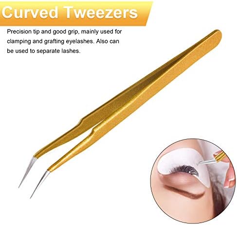 2 Pieces Straight and Curved Tip Tweezers Eyelash Extension Tweezers, Stainless Steel False Lash Application Tools (Gold)