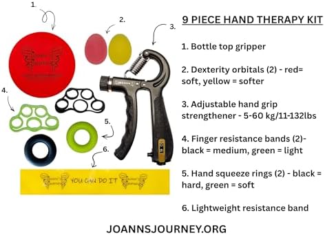 Hand Therapy Kit for Stroke and Aneurysm Recovery, OT/PT Rehab Tools for Dexterity, Fine Motor Skills and Hand Coordination, Home Therapy Set for Survivors and Caregivers, by JoAnn’s Journey