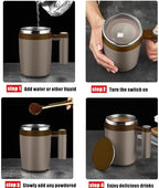 Self Stirring Mug,Rechargeable Auto Magnetic Coffee Mug with 2Pc Stir Bar,Waterproof Automatic Mixing Cup for Milk/Cocoa at Office/Kitchen/Travel 14oz Best Gift - Brown