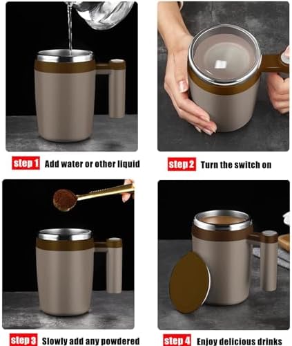 Self Stirring Mug,Rechargeable Auto Magnetic Coffee Mug with 2Pc Stir Bar,Waterproof Automatic Mixing Cup for Milk/Cocoa at Office/Kitchen/Travel 14oz Best Gift - Brown