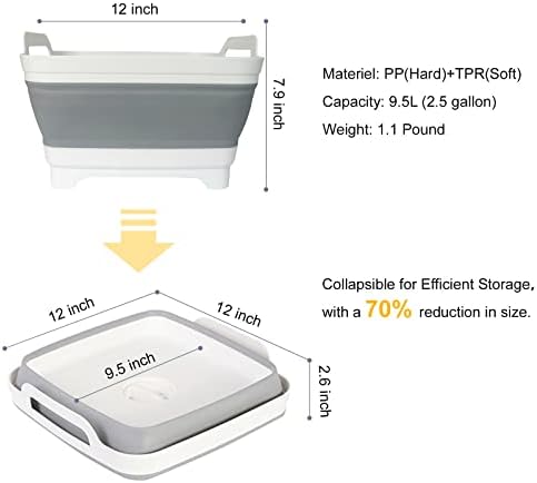 Collapsible Dish Basin & Sink Tub with Drain Plug – 2.4 Gal Baby Bottle Wash Basin, Bottle Washing Bin for RV, Camping, Kitchen | Collapsible Water & Bottle Basin (Grey)