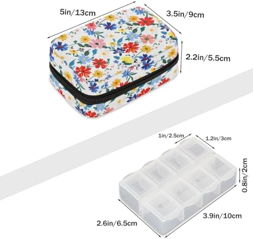 Spring Summer Flowers Pill Case Everyday Travel 7 Day Weekly Medicine Pill Box Compact Portable Pills Bottle Organizer with Zipper for Daily Vitamin Medicine Holder Bottle Organizers Bag