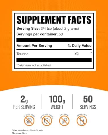 BulkSupplements.com Taurine Powder - Taurine Supplement, Taurine 2000mg, Amino Acids Supplement - Heart Health Supplements, Unflavored & Gluten Free, 2g per Serving, 100g (3.5 oz)