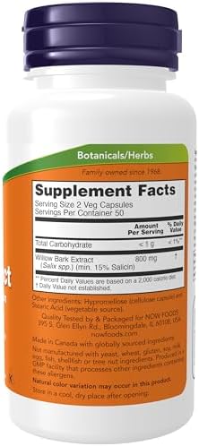 NOW Foods Supplements, White Willow Bark 400 mg with 15% Salicin, Standardized Extract, 100 Veg Capsules