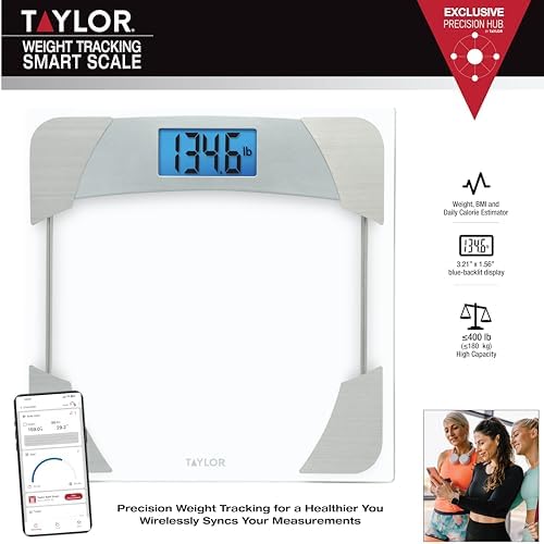 Taylor Digital Scales for Body Weight, 400 LB Capacity, Unique Blue LCD, Stainless Steel Accents, Glass Platform, 12.2 x 12.2 Inches, Clear