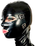 Black Latex Hood Mask with Removable Blindfold and Mouth Piece Gag Nose Nasal Tube Back Zipper Open Eyes Mouth Nose