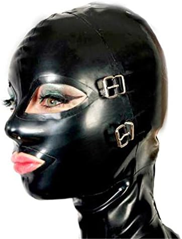 Black Latex Hood Mask with Removable Blindfold and Mouth Piece Gag Nose Nasal Tube Back Zipper Open Eyes Mouth Nose