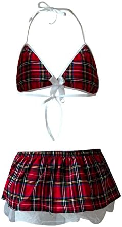 GOKKILRW Women School Girl Outfit Lingerie Sexy Schoolgirl Plaid Costume Bra Skirt Set Roleplay Valentine Naughty Outfit Slutty Nighties Clubwear Red