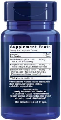 Life Extension Quick Brain Nootropic, Fast Thinking, Learning, Concentration, Lutein, zeaxanthin, gotu kola, bacopa, Gluten Free, Non-GMO, Vegetarian, 1 Daily, 30 Capsules