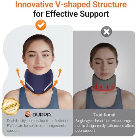 Ergonomic Neck Brace for Neck Pain and Support, Throat-friendly V-shape Cervical Collar with Dual Memory Foam for Comfort and Cervical Spine Pressure Relief, Vertebrae Stability (11.5" - 13.8")