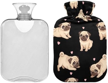 Cute Pug Dogs Black Hot Water Bottles with Velvet Cover Hot Water Bag for Neck, Shoulder and Menstrual Cramps Medium