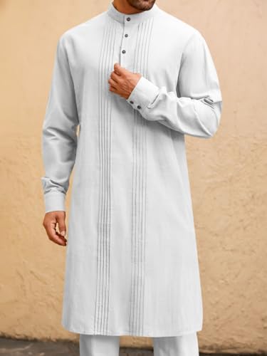 Runcati Mens Kaftan Robe Button Down Long Sleeve Cotton Linen Thobe Casual Muslim Gown Henley Shirt