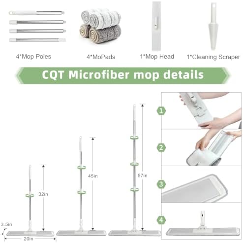 CQT Commercial Flat Microfiber Floor Mop Cleaning System 20" Inch Wet Dry and Dust Hardwood with 4 Washable Pads Cleaner for Laminate Tile Stainless Steel Handle and Extension (White)