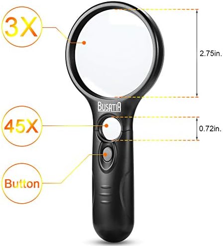Magnifying Glass with Light, BUSATIA LED Illuminated Magnifier with 3X 45X High Magnification, Lightweight Handheld Magnifying Glass for Reading, Inspection, Jewellery, Hobbies & Crafts