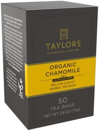 Taylors of Harrogate Organic Chamomile, Herbal Tea, Pillow Bags, 50 Count (Pack of 1), Mellow, Silky & Soft, Caffeine-Free, Enjoy Hot or Iced, 50 Teabags