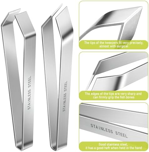 2 Pcs Fish bone tweezers,Stainless Steel Tweezers Flat and Slant for Fish Bones,Pig and Chicken Hair Remover