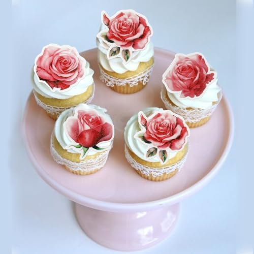48 PCS Edible Rose Cupcake Toppers - Wafer Paper Rose Cupcake Picks for Roses Theme Baby Shower Wedding Bridal Birthday Anniversary Party Decorations Supplies - Pink