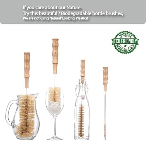 4 Pcs Bamboo Bottle Brush Set by HELLO NATURE – Long Handle Cleaning Brushes for Water Bottles, Baby Bottles & Glassware, Sustainable & Plastic-Free