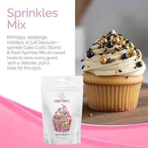 Cake Craft Gold & Black Sprinkles Mix – 3-Pack (100g Each) | Sugar Strands & Sugar Pearls | Luxurious Mixed Sprinkles for Cakes, Cupcakes, Cookies & More