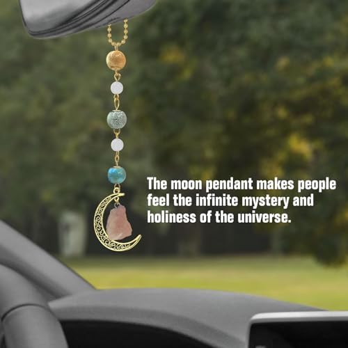 Sosolong Boho Moon Hanging Car Charm, Crystal Rearview Mirror Pendant, Car Decor for Women, Cute Ceramic Accessory